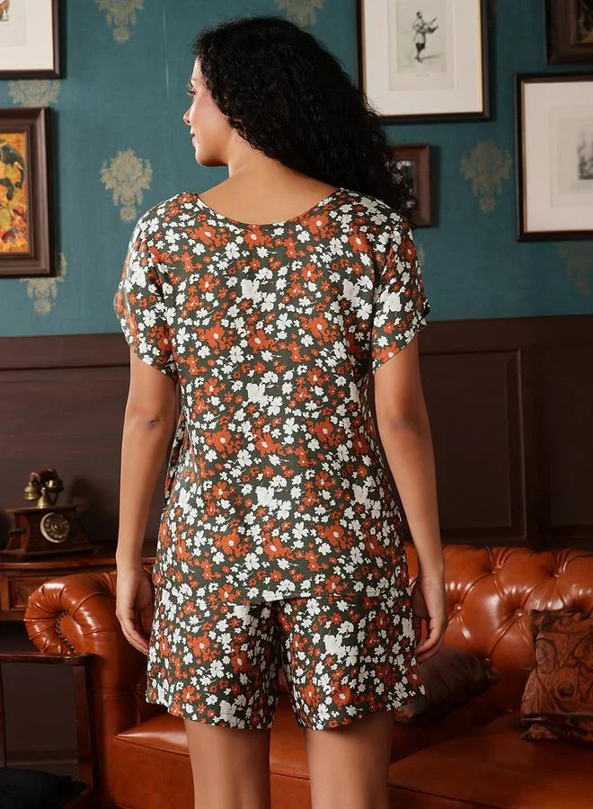 Clovia Green Floral Print Top and Shorts Set for Women | Best Price UAE
